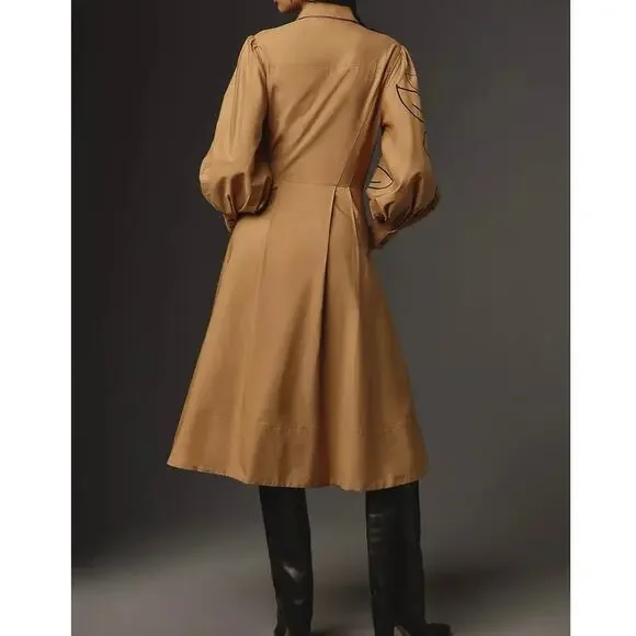 Anthropologie Printed Poplin Shirtdress 18 Tan Floral Line Art Midi Dress - Picture 2 of 9